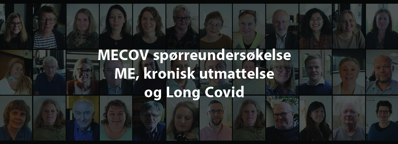 Mange headshots med banneret Mevoc spørreundersøkelse om ME, kronisk utmattelse og Long Covid