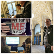 Kollasj med bilder fra ME-foreningens politiske påvirkningsarbeid, bl.a. høring til statsbudsjettet